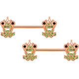 14G 9/16 Green Gem Rose Gold Tone Royal Frog Nipple Ring Set