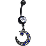 Blue Clear Gem Black Star Crescent Moon Dangle Belly Ring Set of 2