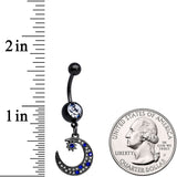 Blue Clear Gem Black Star Crescent Moon Dangle Belly Ring Set of 2