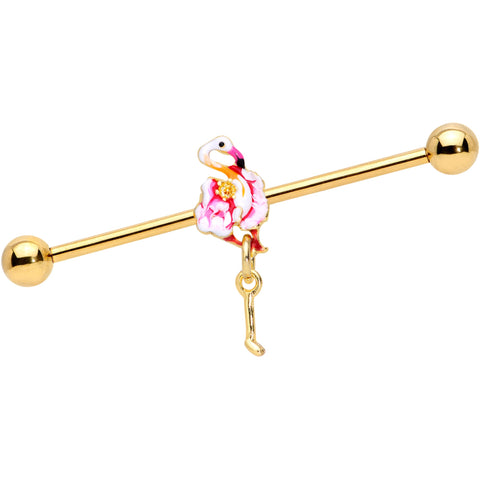 14G Gold Tone Pink Flamingo Dangle Industrial Barbell 38mm