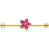 14G Clear Purple Gem Gold Tone Flower Industrial Barbell 38mm