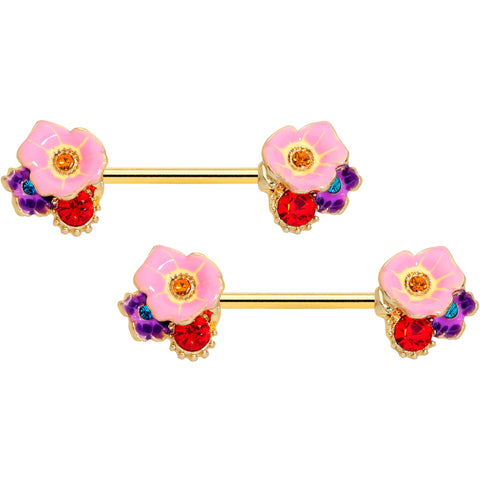 14G 9/16 Red Pink Gem Gold Tone Multi Flower Nipple Ring Set