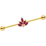 14G Dark Red Gem Gold Tone Autumn Leaves Industrial Barbell 38mm