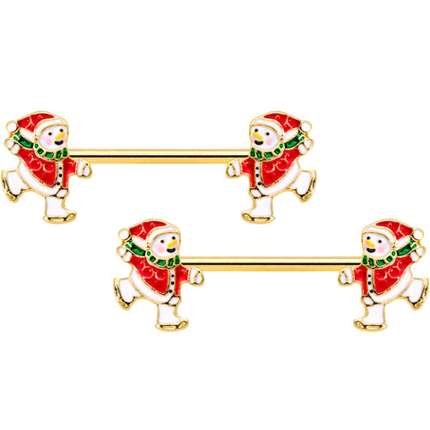 14G 9/16 Gold Tone Ice Skate Snowman Christmas Nipple Ring Set
