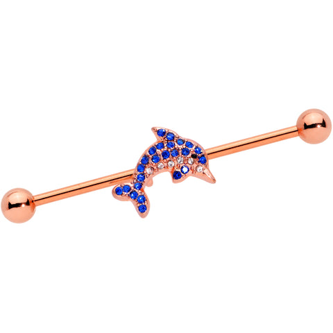 14G Blue Gem Rose Gold Tone Dolphin Industrial Barbell 38mm