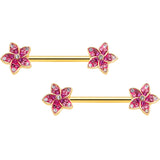 14G 9/16 Purple Gem Gold Tone Flowers Barbell Nipple Ring Set