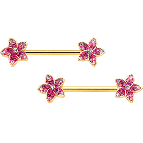 14G 9/16 Purple Gem Gold Tone Flowers Barbell Nipple Ring Set