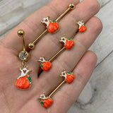 14G 9/16 Gold Tone Haunted Pumpkin Halloween Nipple Ring Set