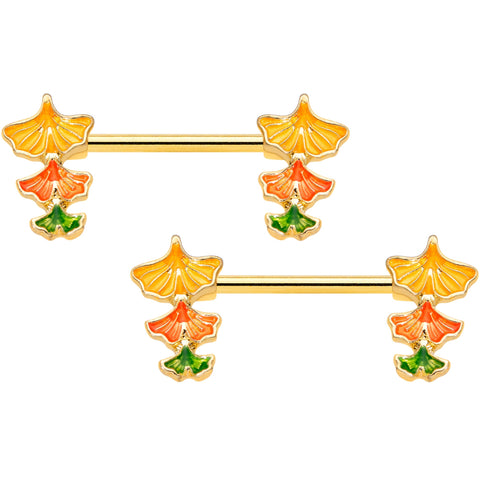 14G 9/16 Gold Tone Autumn Leaves Fall Barbell Nipple Ring Set
