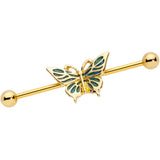 14G Gold Tone Green Inlay Butterfly Industrial Barbell 38mm