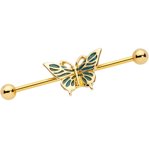 14G Gold Tone Green Inlay Butterfly Industrial Barbell 38mm