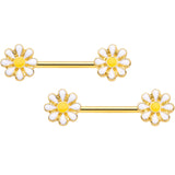 14G 9/16 Gold Tone Happy Daisy Flower Barbell Nipple Ring Set