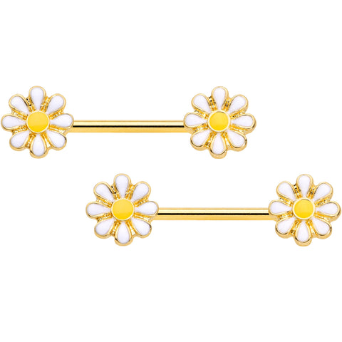 14G 9/16 Gold Tone Happy Daisy Flower Barbell Nipple Ring Set
