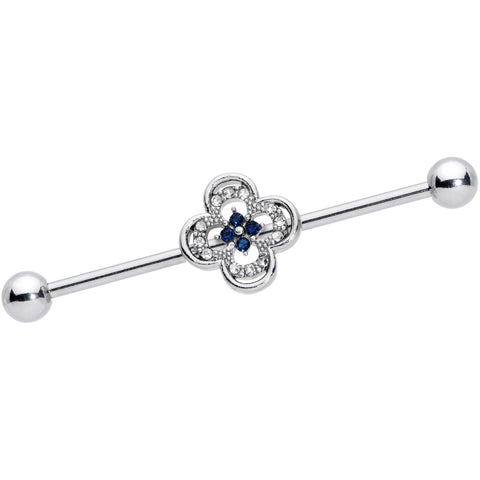 14G Blue Gem Stylized Deco Cross Industrial Barbell 38mm