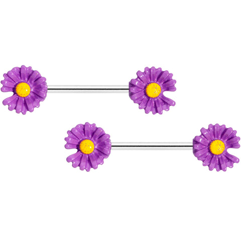 14G 5/8 Purple Daisy Flower Barbell Nipple Ring Set
