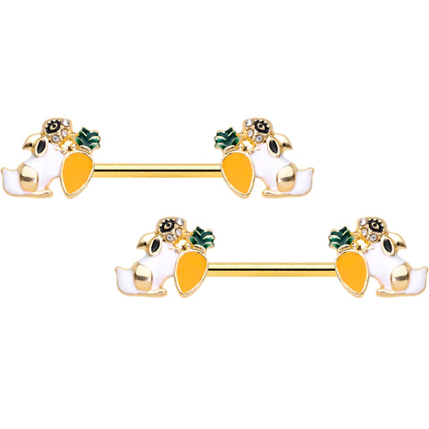 14G 9/16 Clear Gem Gold Tone Carrot Bunny Barbell Nipple Ring Set