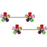 14G 9/16 Rainbow Gem Fabulous Flowers Barbell Nipple Ring Set