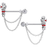 14G 9/16 Red Gem Skeleton Hands Halloween Dangle Nipple Ring Set