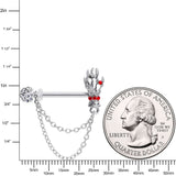 14G 9/16 Red Gem Skeleton Hands Halloween Dangle Nipple Ring Set