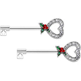 14G 9/16 Clear Gem Holiday Holly Key Heart Barbell Nipple Ring Set