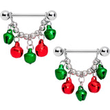 14G 5/8 Green Red Green Bell Christmas Dangle Nipple Ring Set