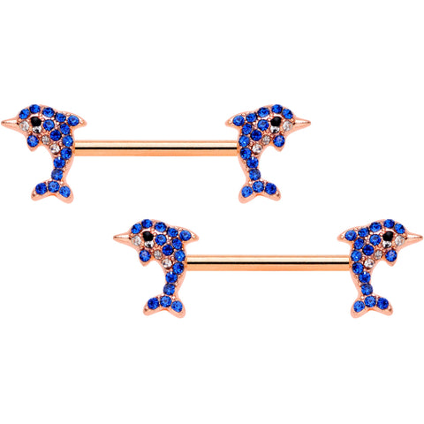 14G 9/16 Blue Gem Rose Gold Tone Dolphin Barbell Nipple Ring Set
