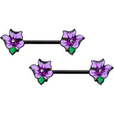 14G 9/16 Clear Gem Black Purple Iris Flower Nipple Ring Set