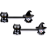 14G 9/16 Black Cat Pretty Witch Halloween Barbell Nipple Ring Set