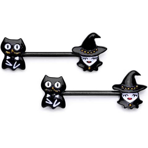 14G 9/16 Black Cat Pretty Witch Halloween Barbell Nipple Ring Set