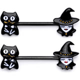 14G 9/16 Black Cat Pretty Witch Halloween Barbell Nipple Ring Set