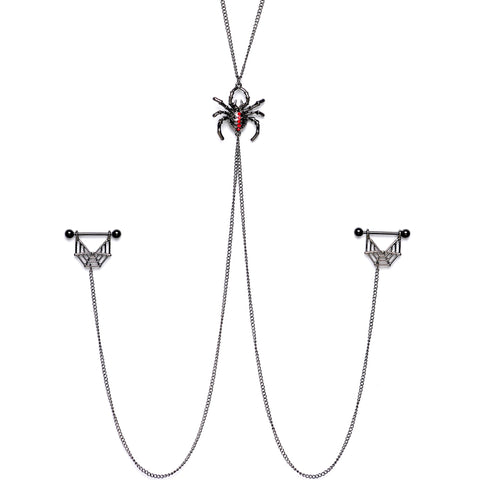 14G 9/16 Red Gem Black Spider Web Halloween Nipple Chain Necklace