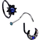 20G 5/16 Blue Gem Black Moon Star Assorted Nose Ring Set of 3