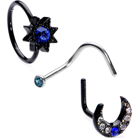 20G 5/16 Blue Gem Black Moon Star Assorted Nose Ring Set of 3