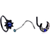 20G 5/16 Blue Gem Black Moon Star Assorted Nose Ring Set of 3