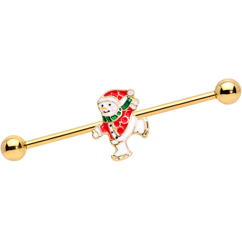 14G Gold Tone Skating Snowman Christmas Industrial Barbell 38mm