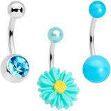 Aqua Gem Daisy Pearlescent Belly Ring Set of 3