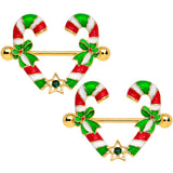14G 5/8 Green Gem Gold Tone Candy Cane Christmas Nipple Ring Set