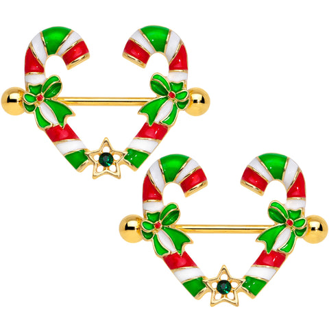 14G 5/8 Green Gem Gold Tone Candy Cane Christmas Nipple Ring Set