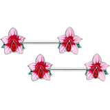 14G 9/16 Red Gem Exotic Flower Barbell Nipple Ring Set