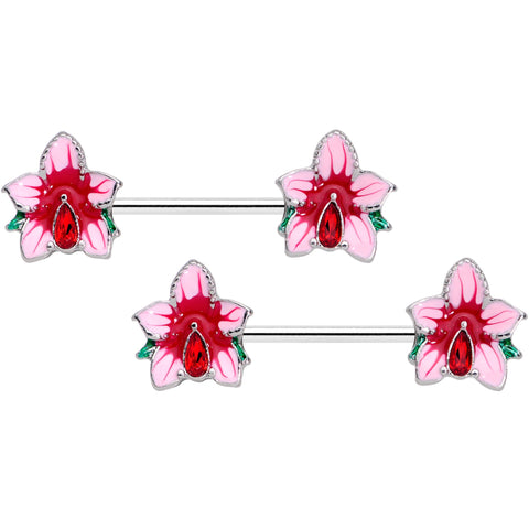 14G 9/16 Red Gem Exotic Flower Barbell Nipple Ring Set
