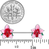 14G 9/16 Red Gem Exotic Flower Barbell Nipple Ring Set