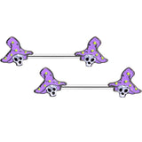 14G 9/16 Skull Purple Witch Hat Halloween Nipple Ring Set