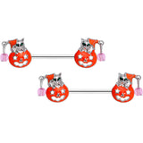 14G 9/16 Pink Gem Kitty Pumpkin Halloween Nipple Ring Set