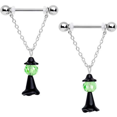14G 11/16 Green Gem Spooky Witch Halloween Dangle Nipple Ring Set
