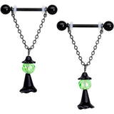 14G 11/16 Green Gem Black Witch Halloween Dangle Nipple Ring Set