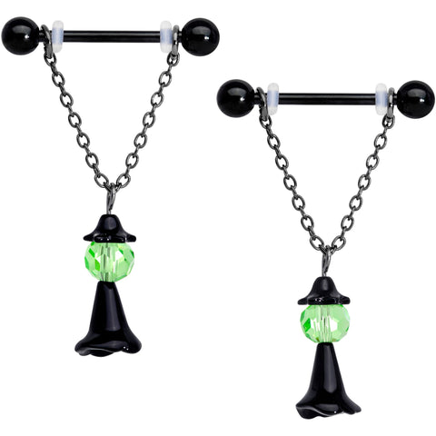 14G 11/16 Green Gem Black Witch Halloween Dangle Nipple Ring Set