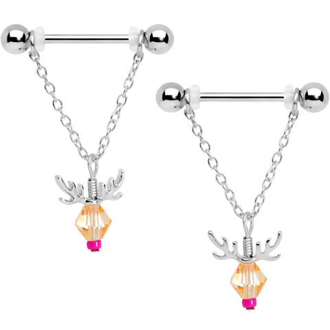 14G 11/16 Tan Red Gem Reindeer Christmas Dangle Nipple Ring Set