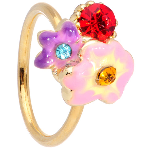 20G 5/16 Red Pink Gem Gold Tone Multi Flower Nose Hoop