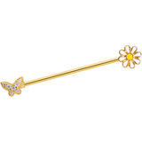 14G Clear Gem Gold Tone Butterfly Daisy `Industrial Barbell 38mm