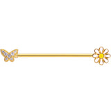 14G Clear Gem Gold Tone Butterfly Daisy `Industrial Barbell 38mm